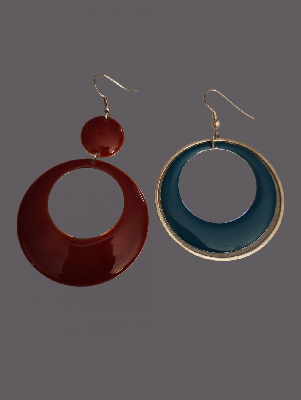 Vintage Mismatched Maroon & Teal Enamel Circles Dangle Hook Earrings